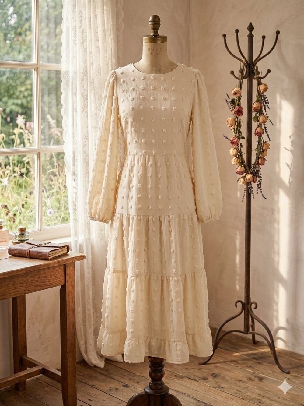 Zesica Cream Swiss Dot Boho Tiered Long Sleeve Maxi Dress M Cottagecore Flowy
